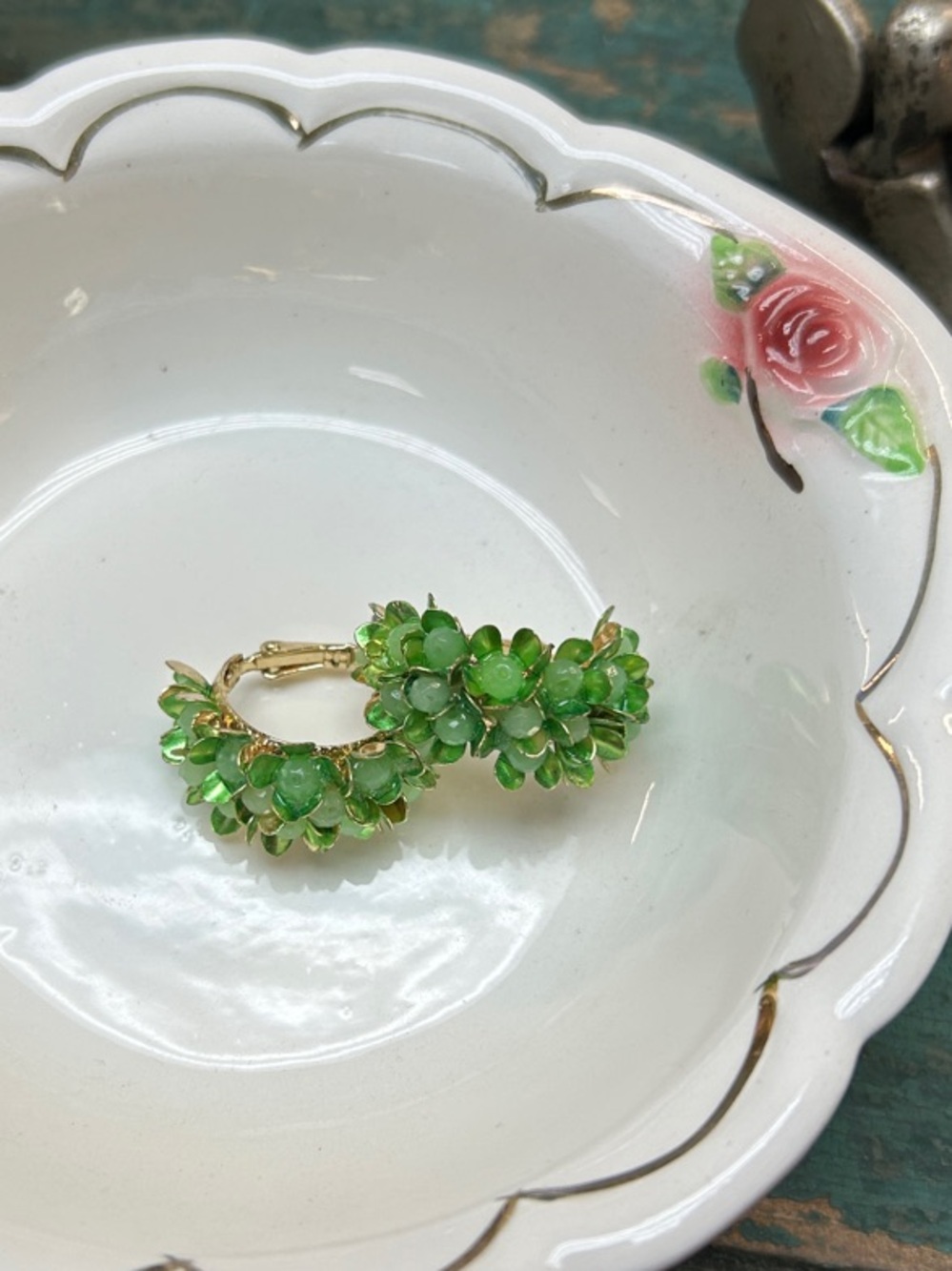 Green Floral Cluster Bead Hoop Earrings w/ Gold Tones